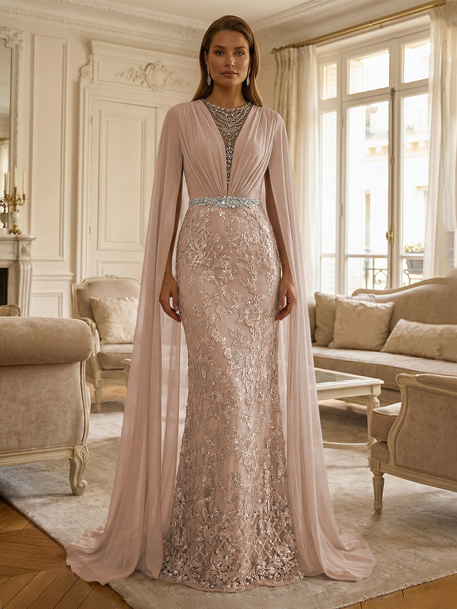 Sheath/Column Chiffon Cape Sleeves Maxi Mother of the Bride & Groom Dresses with Ruched Waist, Floral Lace Appliques & Sweep Train