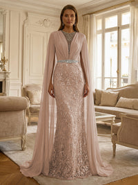 Sheath/Column Chiffon Cape Sleeves Maxi Mother of the Bride & Groom Dresses with Ruched Waist, Floral Lace Appliques & Sweep Train