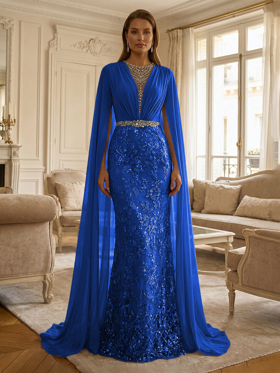Sheath/Column Chiffon Cape Sleeves Maxi Mother of the Bride & Groom Dresses with Ruched Waist, Floral Lace Appliques & Sweep Train