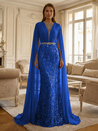Sheath/Column Chiffon Cape Sleeves Maxi Mother of the Bride & Groom Dresses with Ruched Waist, Floral Lace Appliques & Sweep Train