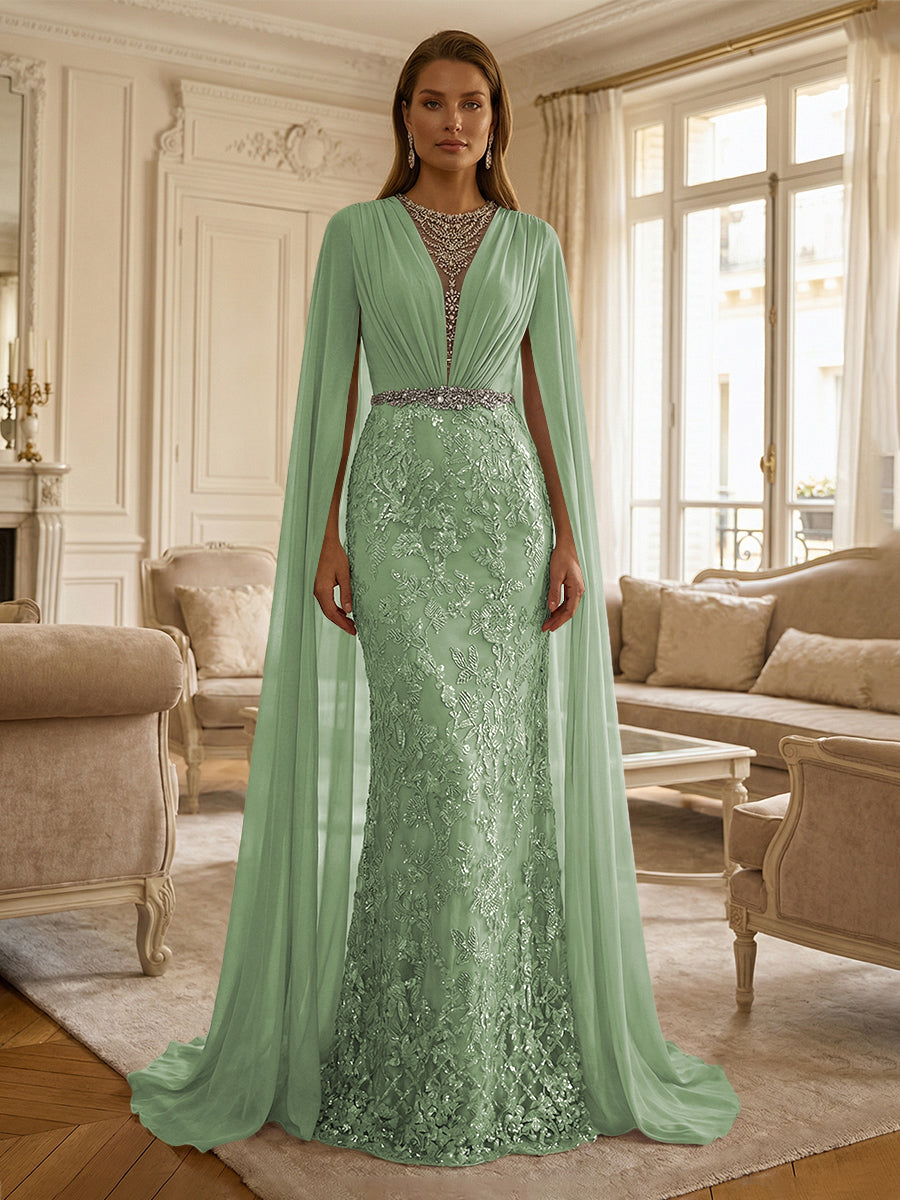 Sheath/Column Chiffon Cape Sleeves Maxi Mother of the Bride & Groom Dresses with Ruched Waist, Floral Lace Appliques & Sweep Train