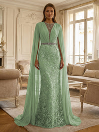 Sheath/Column Chiffon Cape Sleeves Maxi Mother of the Bride & Groom Dresses with Ruched Waist, Floral Lace Appliques & Sweep Train