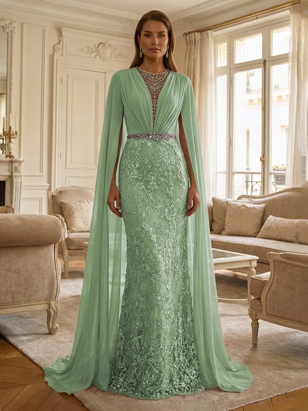 Sheath/Column Chiffon Cape Sleeves Maxi Mother of the Bride & Groom Dresses with Ruched Waist, Floral Lace Appliques & Sweep Train