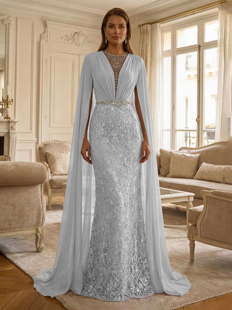 Sheath/Column Chiffon Cape Sleeves Maxi Mother of the Bride & Groom Dresses with Ruched Waist, Floral Lace Appliques & Sweep Train