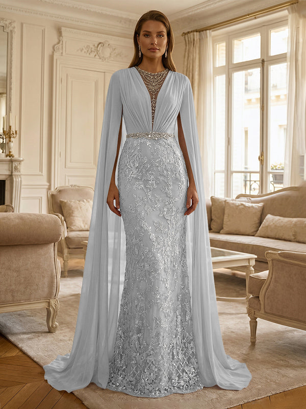 Sheath/Column Chiffon Cape Sleeves Maxi Mother of the Bride & Groom Dresses with Ruched Waist, Floral Lace Appliques & Sweep Train