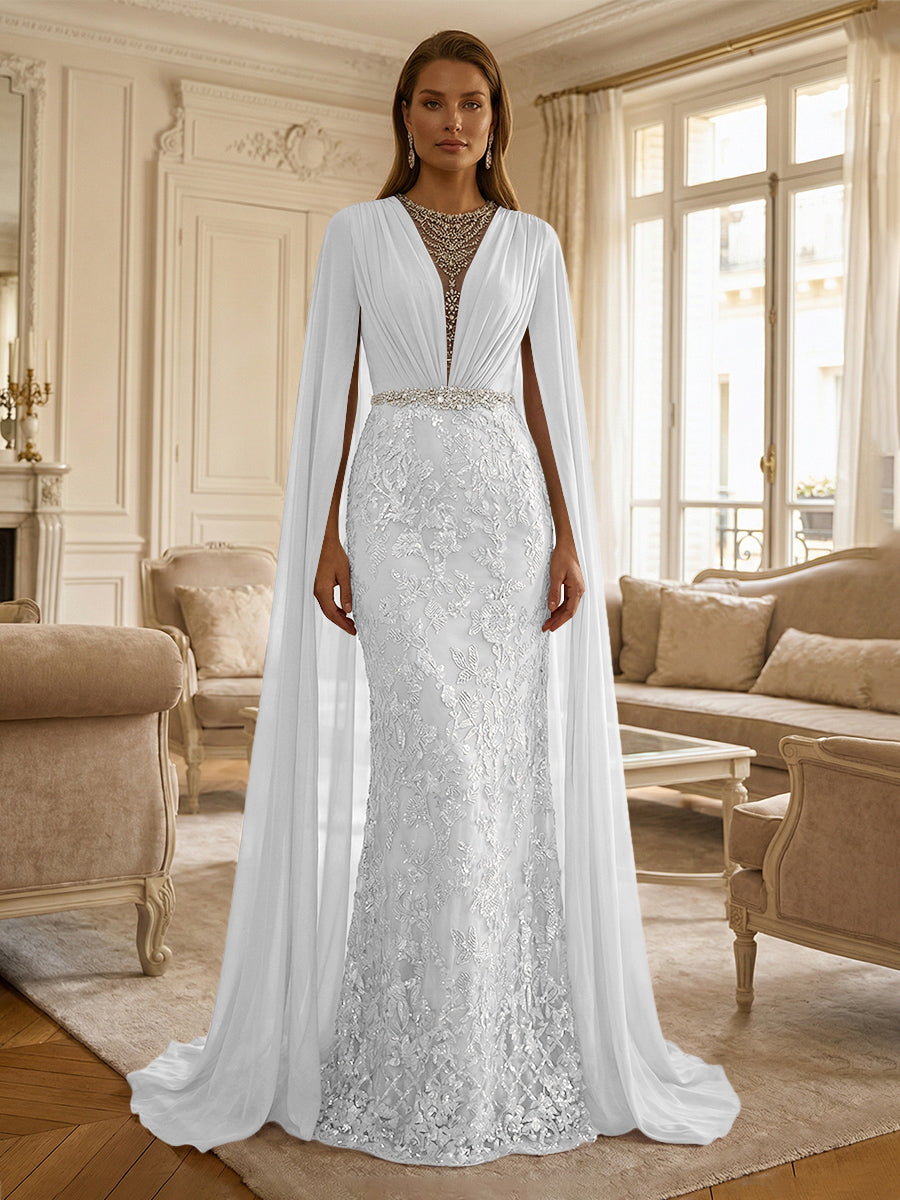 Sheath/Column Chiffon Cape Sleeves Maxi Mother of the Bride & Groom Dresses with Ruched Waist, Floral Lace Appliques & Sweep Train