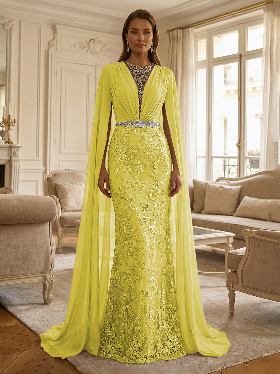 Sheath/Column Chiffon Cape Sleeves Maxi Mother of the Bride & Groom Dresses with Ruched Waist, Floral Lace Appliques & Sweep Train