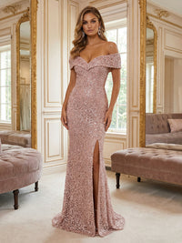 Sheath/Column Off Shoulder Sweetheart Mother of the Bride & Groom Dresses with Sequin Floral Lace Appliques, Sweep Train & Slit