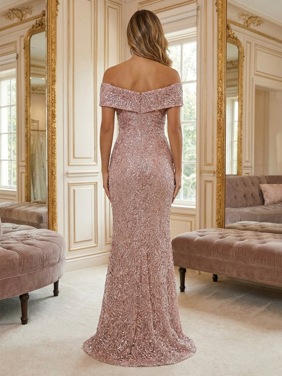 Sheath/Column Off Shoulder Sweetheart Mother of the Bride & Groom Dresses with Sequin Floral Lace Appliques, Sweep Train & Slit
