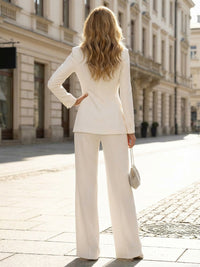 Two-Piece Satin Long Mother of the Bride & Groom Pant Suit with Floral Appliques, Long Sleeves & High Waist Wide-Leg Trousers
