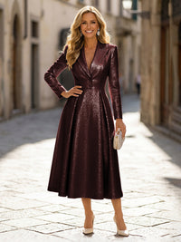 A-Line Glitter Satin Tea-Length Long Sleeves Mother of the Bride & Groom Dresses with Notched Lapel Neck