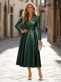 A-Line Glitter Satin Tea-Length Long Sleeves Mother of the Bride & Groom Dresses with Notched Lapel Neck