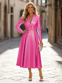 A-Line Glitter Satin Tea-Length Long Sleeves Mother of the Bride & Groom Dresses with Notched Lapel Neck