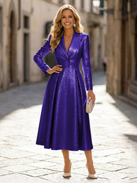 A-Line Glitter Satin Tea-Length Long Sleeves Mother of the Bride & Groom Dresses with Notched Lapel Neck