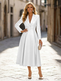 A-Line Glitter Satin Tea-Length Long Sleeves Mother of the Bride & Groom Dresses with Notched Lapel Neck