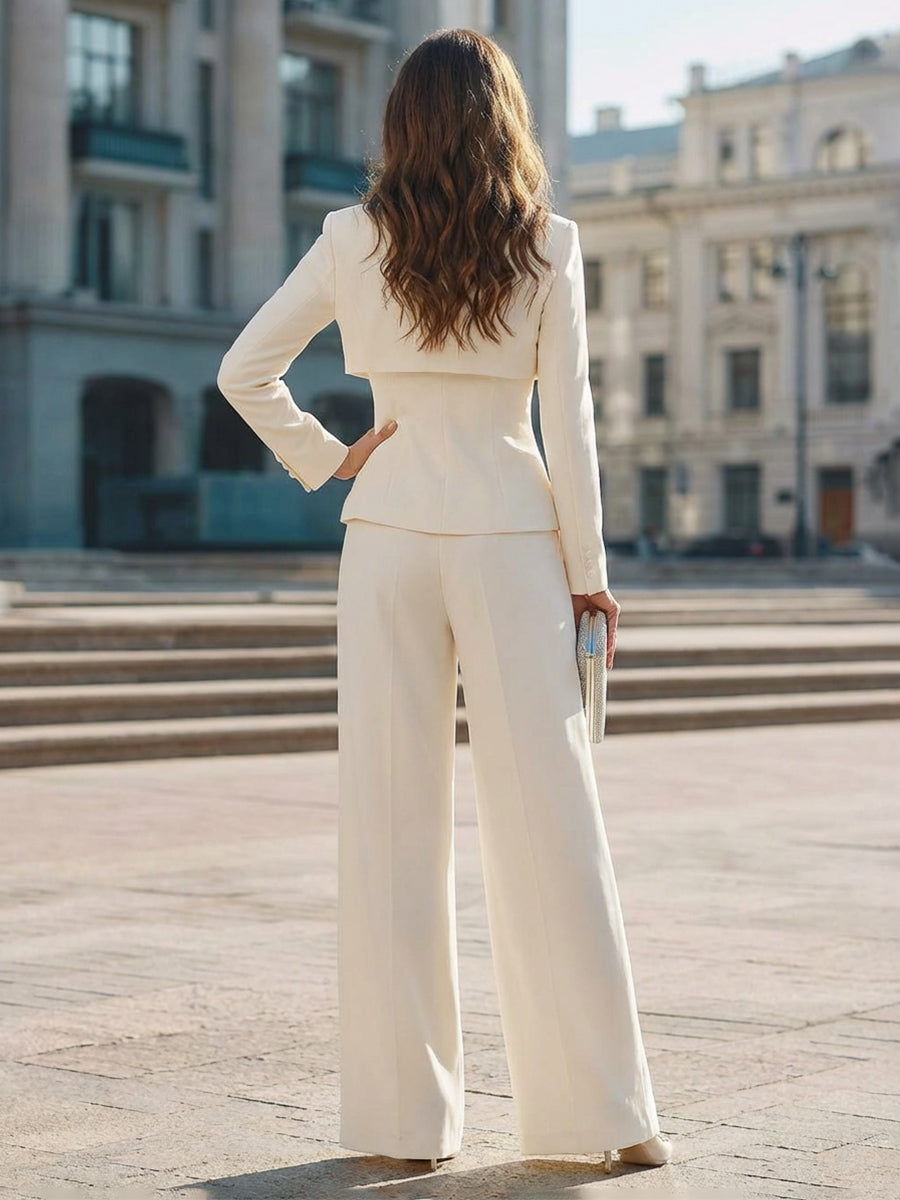 Two-Piece Satin Notched Lapel Neck Long Mother of the Bride & Groom Pant Suit with Peplum Waist & High Waist Wide-Leg