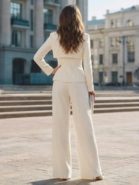 Two-Piece Satin Notched Lapel Neck Long Mother of the Bride & Groom Pant Suit with Peplum Waist & High Waist Wide-Leg
