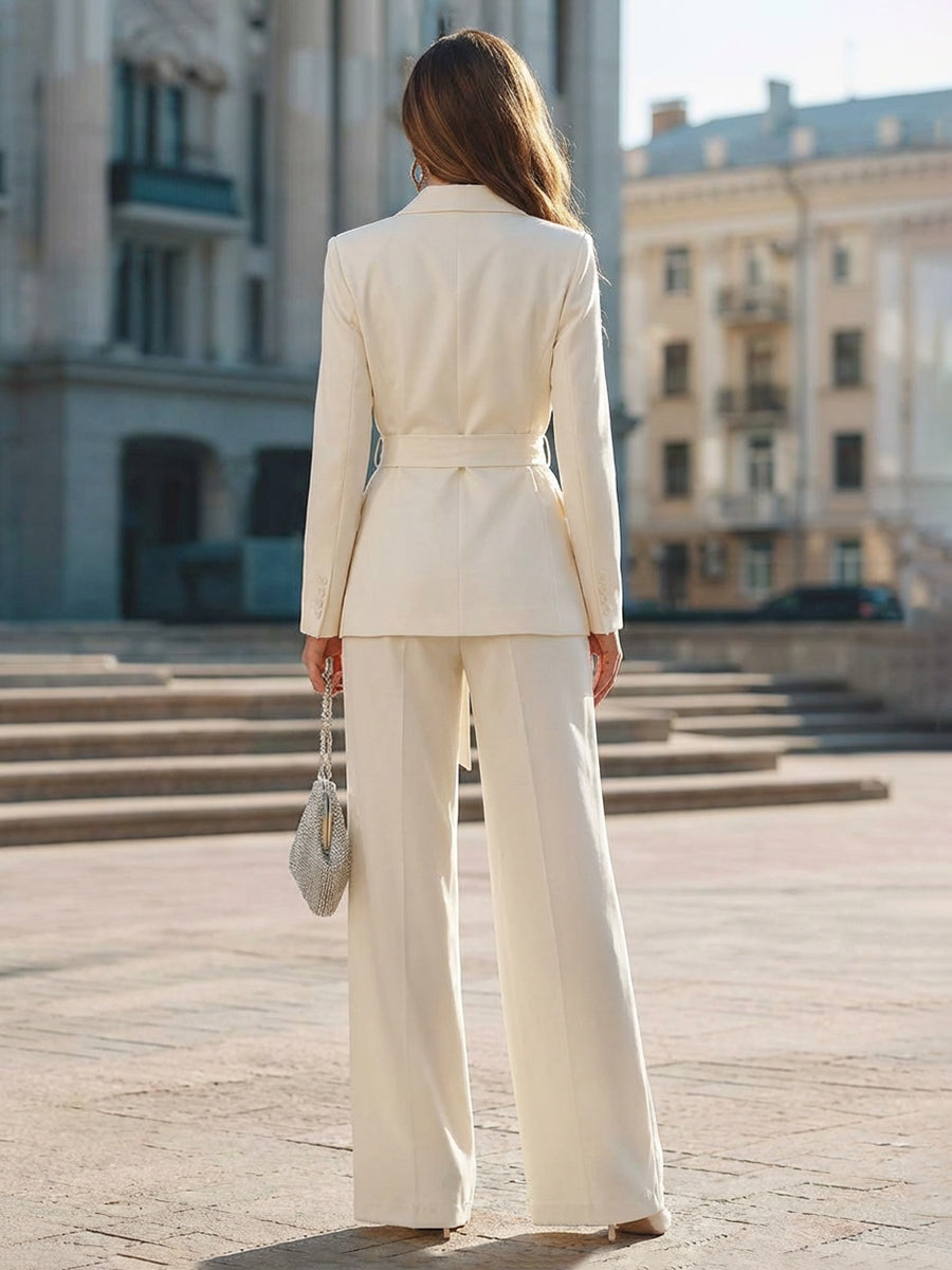 Two-Piece Satin Notched Lapel Blazer Long Mother of the Bride & Groom Pant Suit with Belt