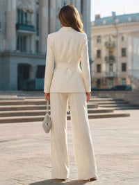 Two-Piece Satin Notched Lapel Blazer Long Mother of the Bride & Groom Pant Suit with Belt