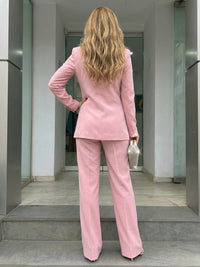 Two-Piece Satin Notched Lapel Blazer Long Mother of the Bride & Groom Pant Suit with High Waist Wide-Leg Trousers
