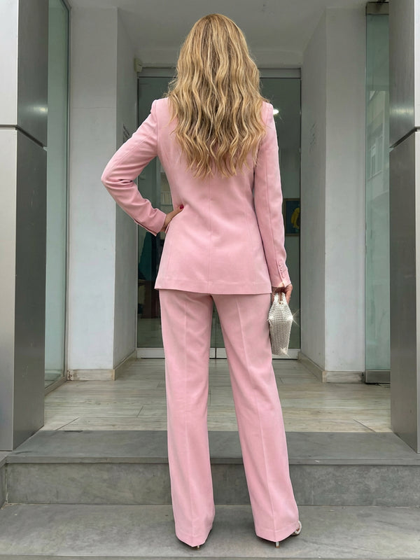 Two-Piece Satin Notched Lapel Blazer Long Mother of the Bride & Groom Pant Suit with High Waist Wide-Leg Trousers