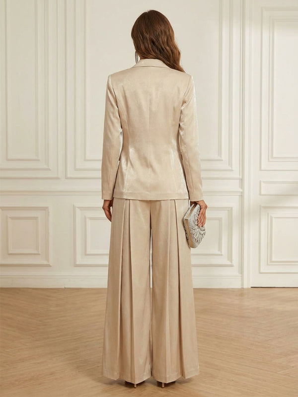 Two-Piece Shimmer Metallic Satin Mother of the Bride & Groom Pant Suit with Pleated Wide-Leg Trousers
