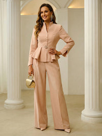 Two-Piece Mother of the Bride & Groom Pant Suit with Stand Collar, Long Sleeves & High Waist Wide-Leg Trousers