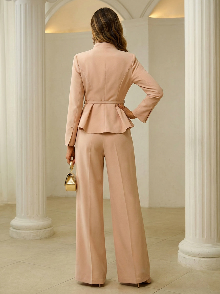 Two-Piece Mother of the Bride & Groom Pant Suit with Stand Collar, Long Sleeves & High Waist Wide-Leg Trousers