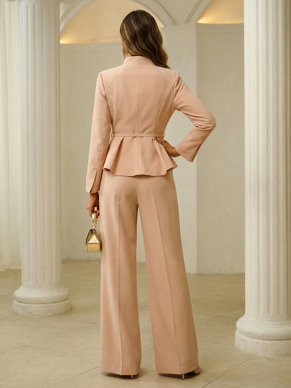 Two-Piece Mother of the Bride & Groom Pant Suit with Stand Collar, Long Sleeves & High Waist Wide-Leg Trousers