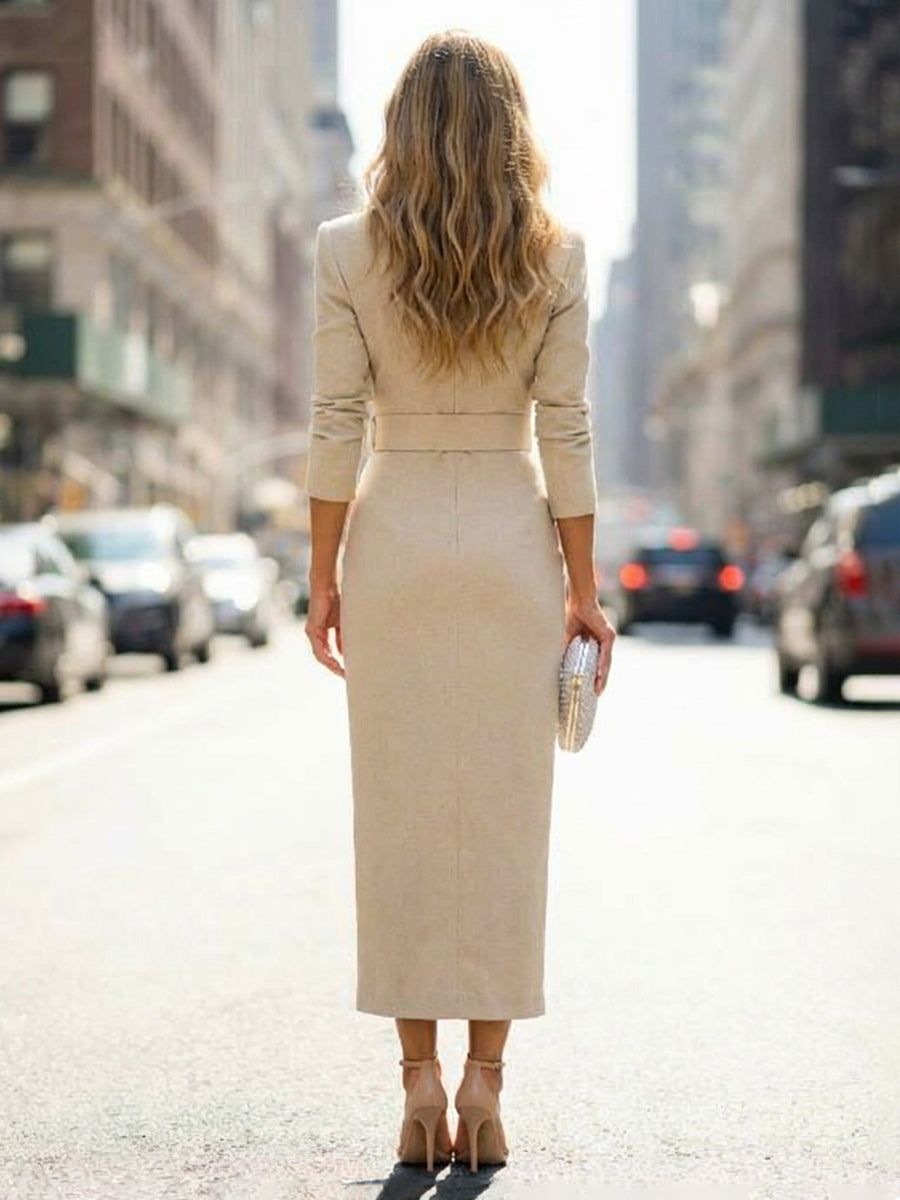 Sheath/Column 3/4 Sleeves Midi-Length Mother of the Bride & Groom Dresses with High Choker Neck, High Slit & Belt