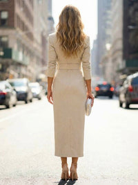 Sheath/Column 3/4 Sleeves Midi-Length Mother of the Bride & Groom Dresses with High Choker Neck, High Slit & Belt