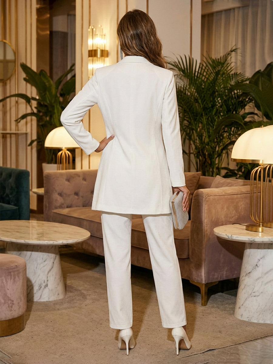 Two-Piece Shimmer Mother of the Bride Pant Suit with Notched Lapel, Long Sleeves & Tailored Straight-Leg Trousers