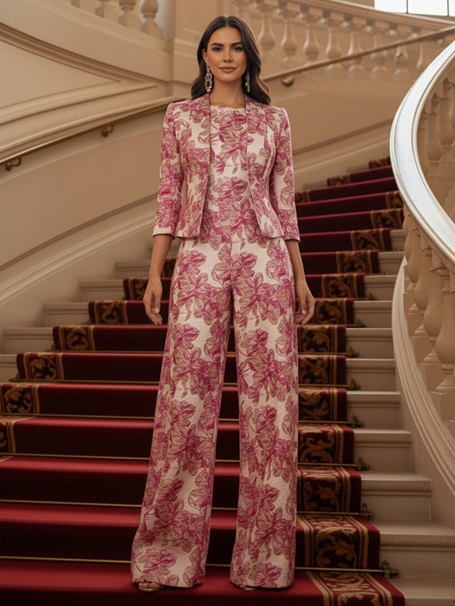 Two-Piece Floral Jacquard Mother of the Bride Pant Suit with 3/4 Sleeve Cropped Blazer & High Waist Wide-Leg Trousers