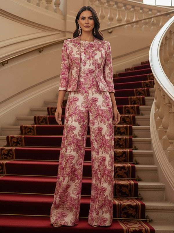 Two-Piece Floral Jacquard Mother of the Bride Pant Suit with 3/4 Sleeve Cropped Blazer & High Waist Wide-Leg Trousers