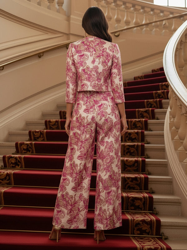 Two-Piece Floral Jacquard Mother of the Bride Pant Suit with 3/4 Sleeve Cropped Blazer & High Waist Wide-Leg Trousers