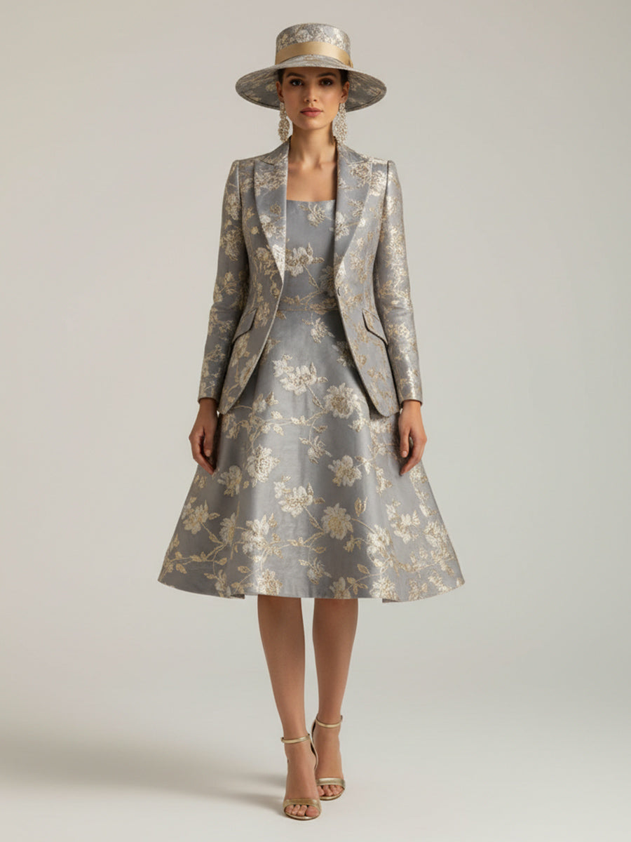 Two-Piece Floral Jacquard A-Line Midi-Length Mother of the Bride & Groom Dresses Suit with Long Sleeves Notched Lapel Blazer & Square Neck Sleeveless Dress