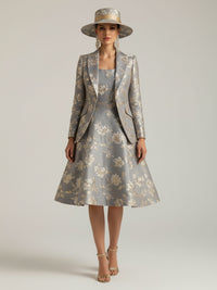 Two-Piece Floral Jacquard A-Line Midi-Length Mother of the Bride & Groom Dresses Suit with Long Sleeves Notched Lapel Blazer & Square Neck Sleeveless Dress
