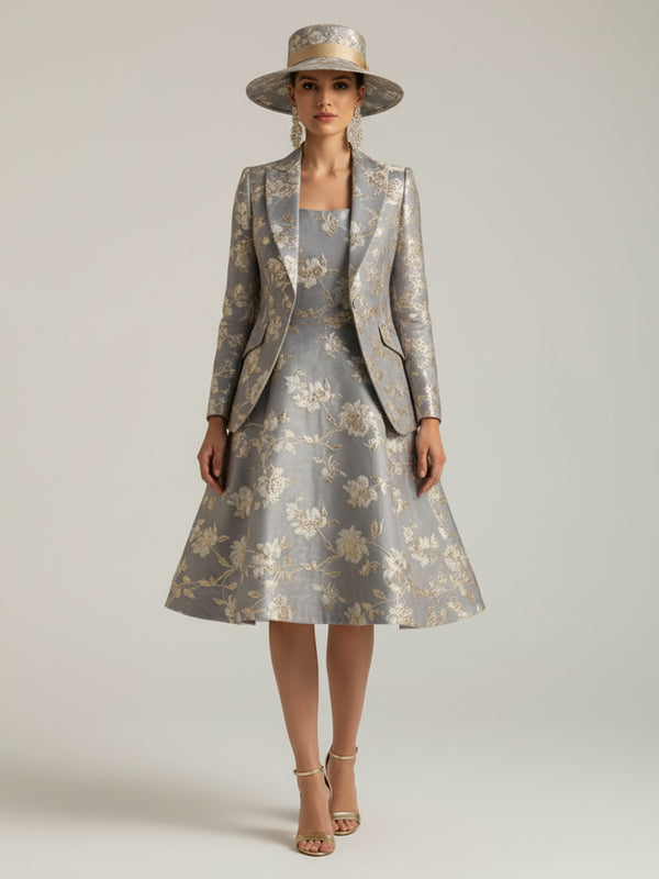 Two-Piece Floral Jacquard A-Line Midi-Length Mother of the Bride & Groom Dresses Suit with Long Sleeves Notched Lapel Blazer & Square Neck Sleeveless Dress