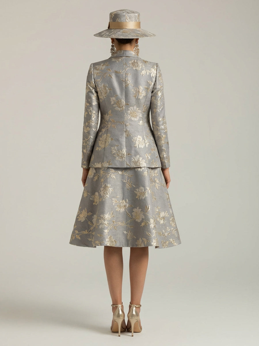Two-Piece Floral Jacquard A-Line Midi-Length Mother of the Bride & Groom Dresses Suit with Long Sleeves Notched Lapel Blazer & Square Neck Sleeveless Dress