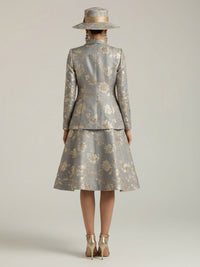 Two-Piece Floral Jacquard A-Line Midi-Length Mother of the Bride & Groom Dresses Suit with Long Sleeves Notched Lapel Blazer & Square Neck Sleeveless Dress