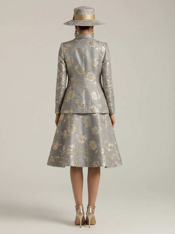 Two-Piece Floral Jacquard A-Line Midi-Length Mother of the Bride & Groom Dresses Suit with Long Sleeves Notched Lapel Blazer & Square Neck Sleeveless Dress