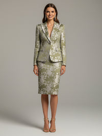 Two-Piece Floral Jacquard Mother of the Bride & Groom Dresses Suit with Long Sleeves Notched Lapel Blazer & Sheath Midi-Length Dress