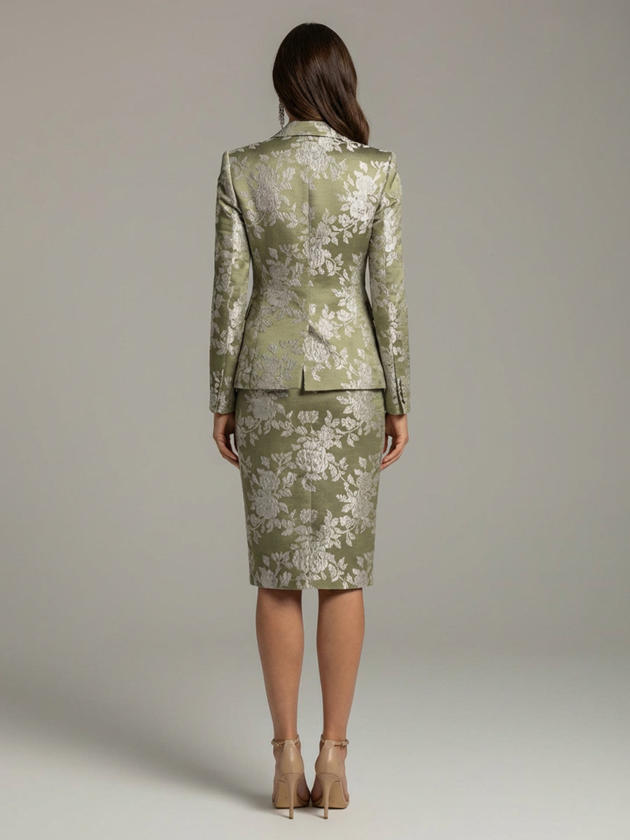 Two-Piece Floral Jacquard Mother of the Bride & Groom Dresses Suit with Long Sleeves Notched Lapel Blazer & Sheath Midi-Length Dress
