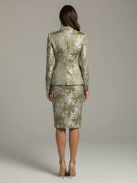 Two-Piece Floral Jacquard Mother of the Bride & Groom Dresses Suit with Long Sleeves Notched Lapel Blazer & Sheath Midi-Length Dress