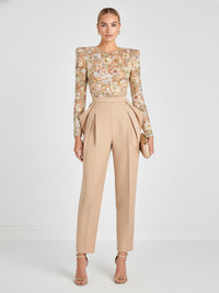 Mother of the Bride & Groom Jumpsuit with Sequin Floral Lace Bodice Long Sleeves & High Waist Pleated Tapered Trousers