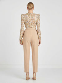 Mother of the Bride & Groom Jumpsuit with Sequin Floral Lace Bodice Long Sleeves & High Waist Pleated Tapered Trousers