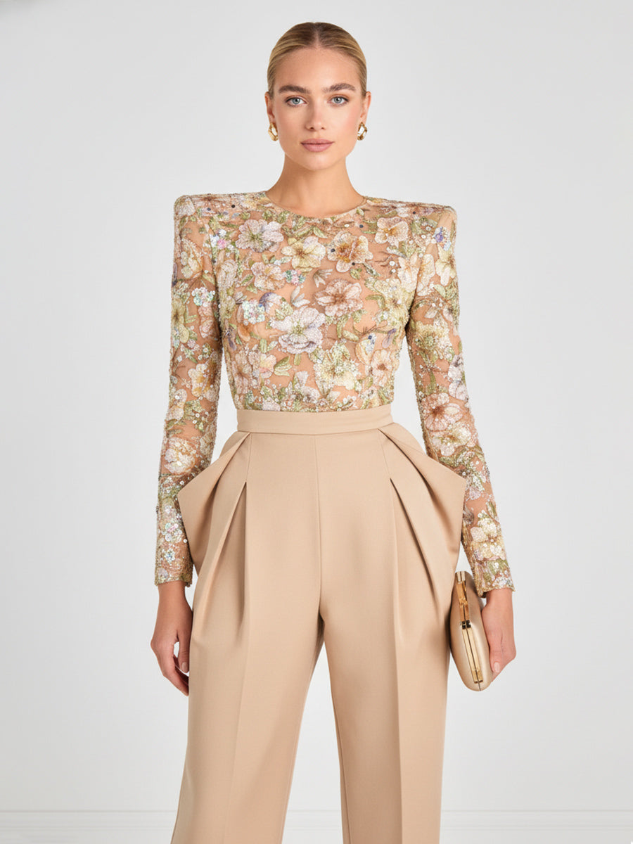 Mother of the Bride & Groom Jumpsuit with Sequin Floral Lace Bodice Long Sleeves & High Waist Pleated Tapered Trousers