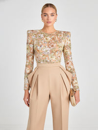 Mother of the Bride & Groom Jumpsuit with Sequin Floral Lace Bodice Long Sleeves & High Waist Pleated Tapered Trousers