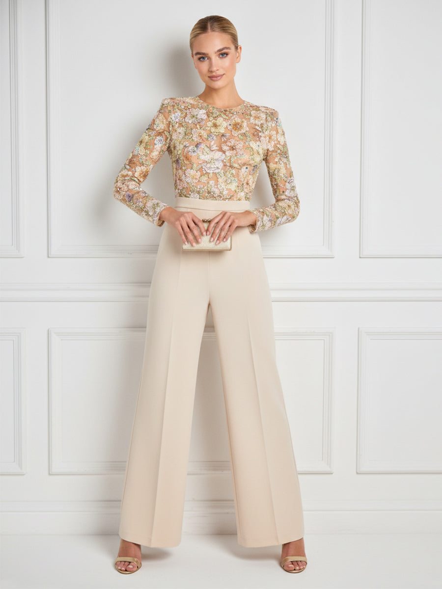 Mother of the Bride & Groom Jumpsuit with Sequin Floral Lace Bodice Long Sleeves & Wide-Leg Pleated Trousers