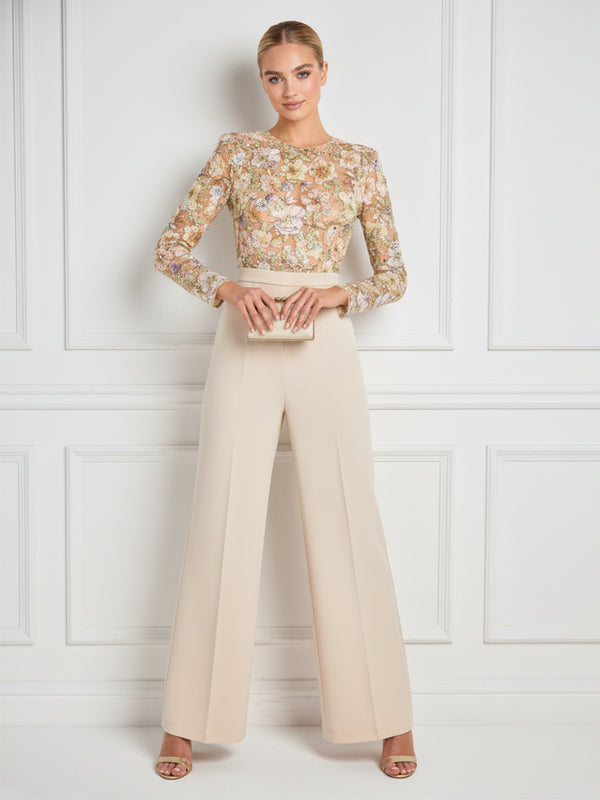 Mother of the Bride & Groom Jumpsuit with Sequin Floral Lace Bodice Long Sleeves & Wide-Leg Pleated Trousers